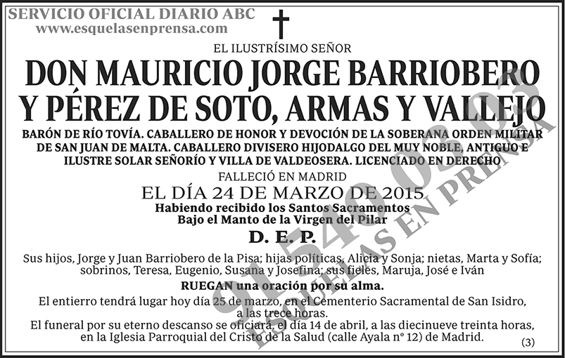 Mauricio Jorge Barriobero y Pérez de Soto, Armas y Vallejo